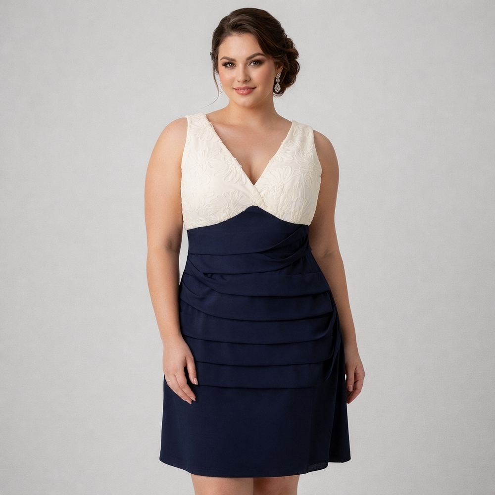 DRESSBARN COLLECTION Size 16 Navy & Ivory Lace Surplice V-Neck Ruched Dress NWT